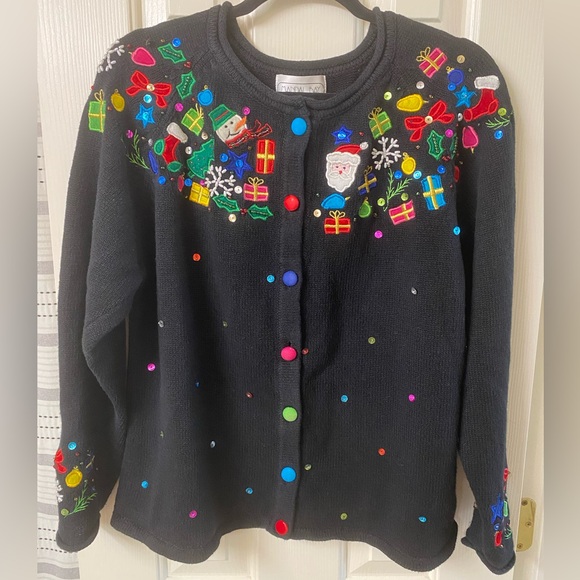Mandal Bay Festive Black Holiday Cardigan with Colorful Embellishments Size XL - Picture 2 of 16